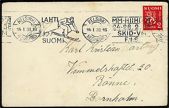 2 mk. Løve på brev med TMS for Lathi Ski-VM 24.-.28.2.1938 fra Helsingfors d. 14.1.1938 til Rønne, Danmark.