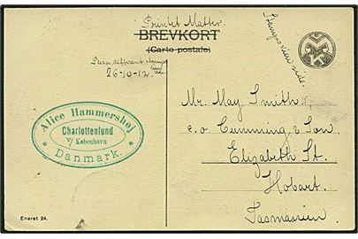5 øre grøn bølgelinie på tryksags postkort fra Charlottenlund d. 22.10.1912 til Hobart, Tasmanien.