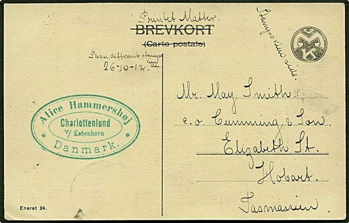 5 øre grøn bølgelinie på tryksags postkort fra Charlottenlund d. 22.10.1912 til Hobart, Tasmanien.