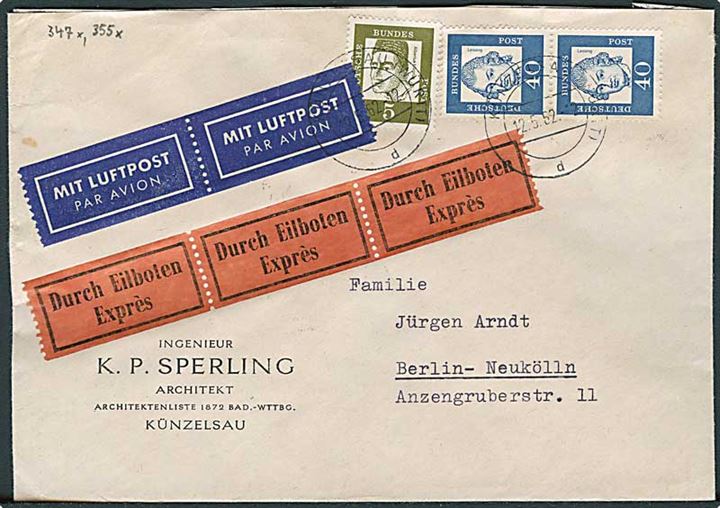 5 pfg. Magnus og 40 pfg. Lessing (par) på 85 pfg. frankeret indenrigs luftpost ekspresbrev fra Künzelsau d. 12.5.1962 til Berlin.