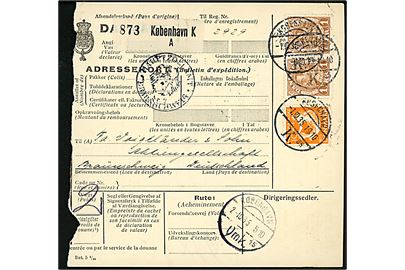 10 øre H. C. Andersen og 1 kr. Chr. X (par) på 210 øre frankeret internationalt adressekort for pakke fra København d. 1.10.1935 til Braunschweig, Tyskland.