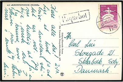 35 øre Balletfestival på brevkort (M/S Kronprinsesse Ingrid) annulleret Esbjerg d. 4.10.1960 og sidestemplet Paquebot til Skærbæk.
