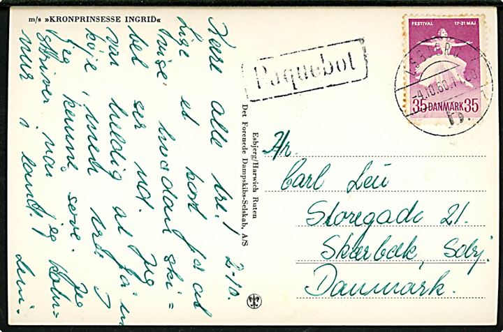 35 øre Balletfestival på brevkort (M/S Kronprinsesse Ingrid) annulleret Esbjerg d. 4.10.1960 og sidestemplet Paquebot til Skærbæk.
