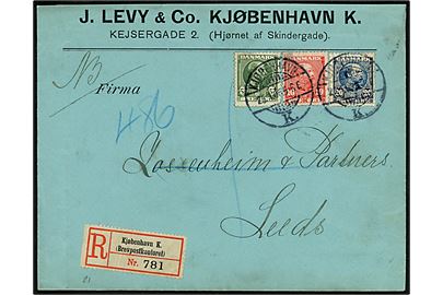5 øre, 10 øre og 20 øre Chr. X på flot 3-farvet anbefalet brev fra Kjøbenhavn d. 25.1.1906 til Leeds, England.