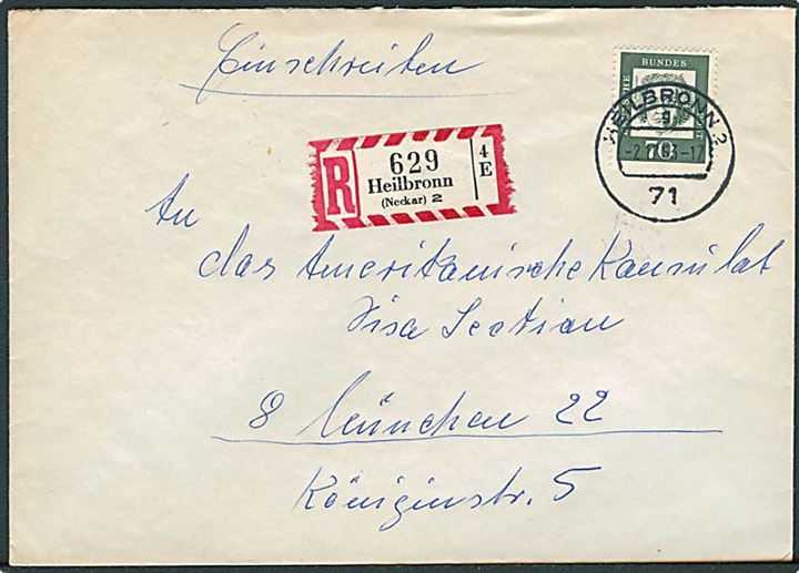 70 pfg. Beethoven single på anbefalet brev fra Heilbronn d. 2.12.1963 til München.