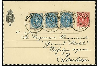 8 øre helsags korrespondancekort opfrankeret med 4 øre Tofarvet (3) annulleret lapidar Lemvig d. 2.8.1892 til London, England.