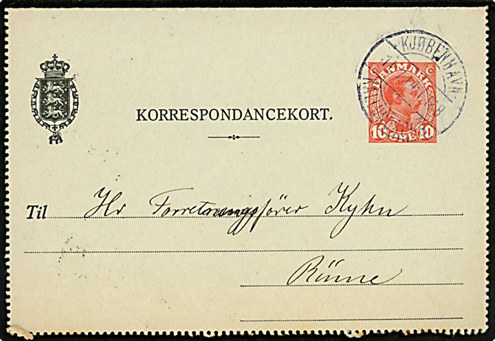 10 øre Chr. X helsags korrespondancekort fra Mørkøv St. annulleret med bureaustempel Kjøbenhavn - Kallundborg T.168 d. 11.7.1914 til Rønne.