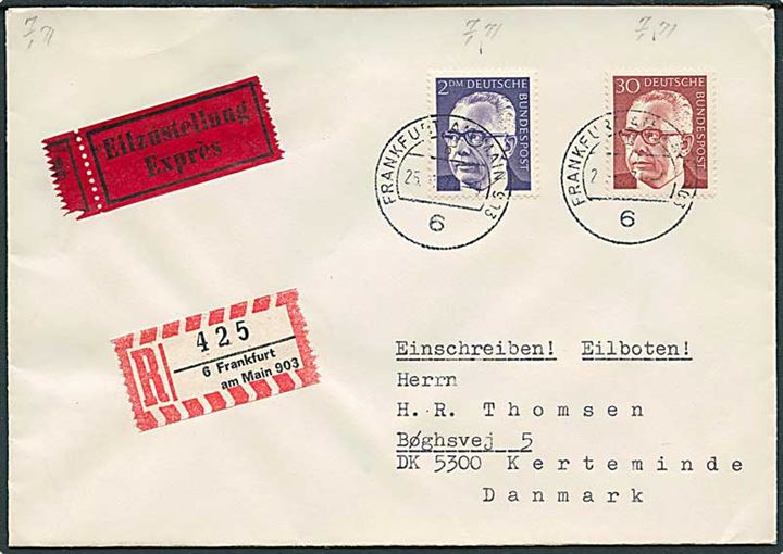 30 pfg. og 2 mk. Heinemann på anbefalet ekspresbrev fra Frankfurt d. 25.8.1971 til Kerteminde, Danmark.