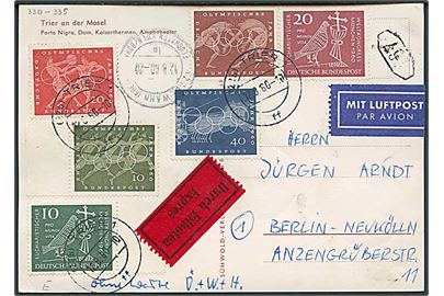 Komplet sæt Olympiade og Kongres på indenrigs luftpost ekspresbrevkort fra Trier d. 26.8.1960 til Berlin.