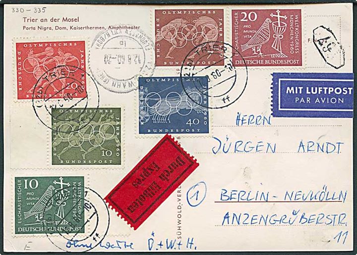 Komplet sæt Olympiade og Kongres på indenrigs luftpost ekspresbrevkort fra Trier d. 26.8.1960 til Berlin.
