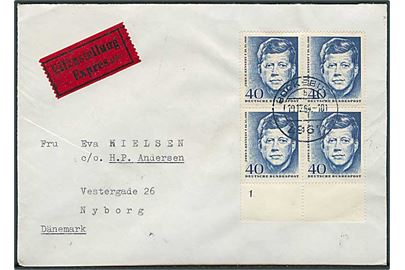 40 pfg. Kennedy i fireblok på ekspresbrev fra Brückenburg d. 19.12.1964 til Nyborg, Danmark.