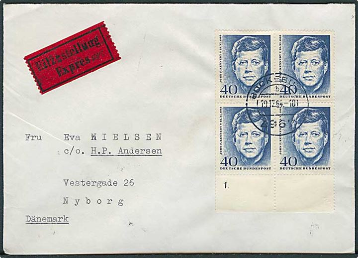 40 pfg. Kennedy i fireblok på ekspresbrev fra Brückenburg d. 19.12.1964 til Nyborg, Danmark.