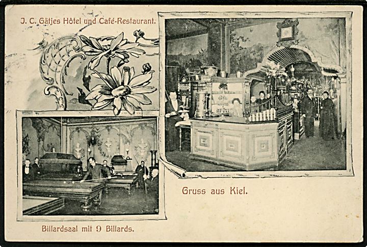 Tyskland, Gruss aus Kiel, J. C. Gätjes Hotel und Café-Restaurant med billiard. 
