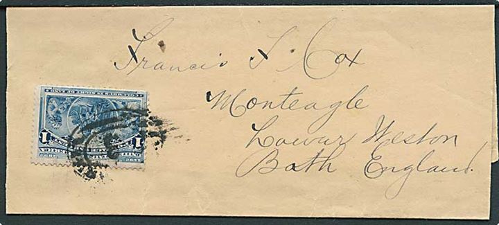 1 cent Columbus Landing single på korsbånd sendt som tryksag 1890'erne til Bath, England. 