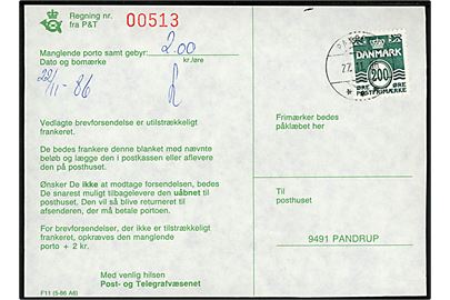 200 øre Bølgelinie på portoregning annulleret med brotype IIh postsparestempel Pandrup *** d. 27.11.1986.