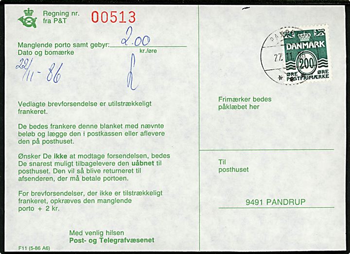200 øre Bølgelinie på portoregning annulleret med brotype IIh postsparestempel Pandrup *** d. 27.11.1986.