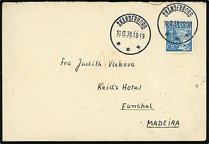 30 øre Karavel single på brev annulleret med brotype IIIc Skanderborg d. 10.12.1936 til Funchal, Madeira. På bagsiden Julemærke 1936.