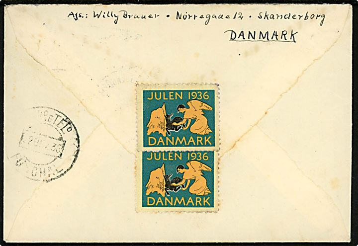 30 øre Karavel single på brev annulleret med brotype IIIc Skanderborg d. 10.12.1936 til Funchal, Madeira. På bagsiden Julemærke 1936.