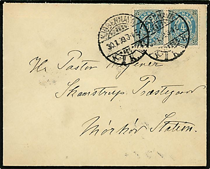 4 øre Tofarvet i ramme tête-bêche par på brev fra Kjøbenhavn d. 30.1.1899 til Skamstrup Præstegaard pr. Mørkøv St.