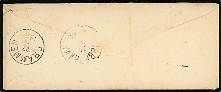 4 sk. Tofarvet i parstykke på brev annulleret lapidar Aalborg d. 24.6.1873 via Kjøbenhavn og Drammen til St. Olafs Bad paa Modum, Vikersund pr. Drammen, Norge. 