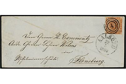 4 sk. 1854 udg. på brev annulleret med nr.stempel 4 og sidestemplet antiqua Aalborg d. 22.5.1854 til Flensburg. Kuvert foldet af gammel faktura.