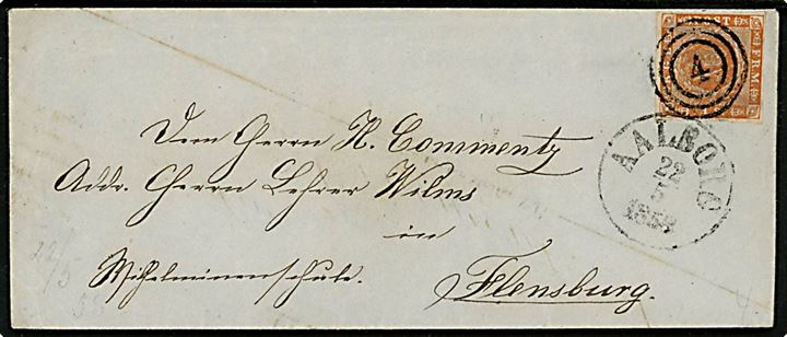 4 sk. 1854 udg. på brev annulleret med nr.stempel 4 og sidestemplet antiqua Aalborg d. 22.5.1854 til Flensburg. Kuvert foldet af gammel faktura.