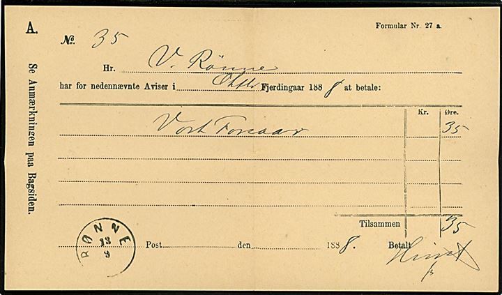 Avisanmeldelse - formular Nr. 27 a - for Vort Forsvar i Oktober kvartal 1888 med antiqua Rønne d. 13.9.1888.