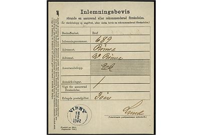 Indleveringsbevis for 30 öre frankeret anbefalet brev til Rønne stemplet Visby d. 18.12.1902.
