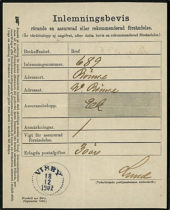 Indleveringsbevis for 30 öre frankeret anbefalet brev til Rønne stemplet Visby d. 18.12.1902.