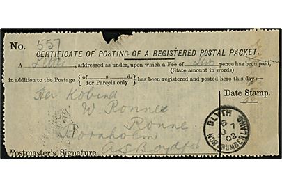 Engelsk kvittering for afsendelse af anbefalet pakke fra Blyth d. 7.7.1902 til Rønne på Bornholm. Slidt.