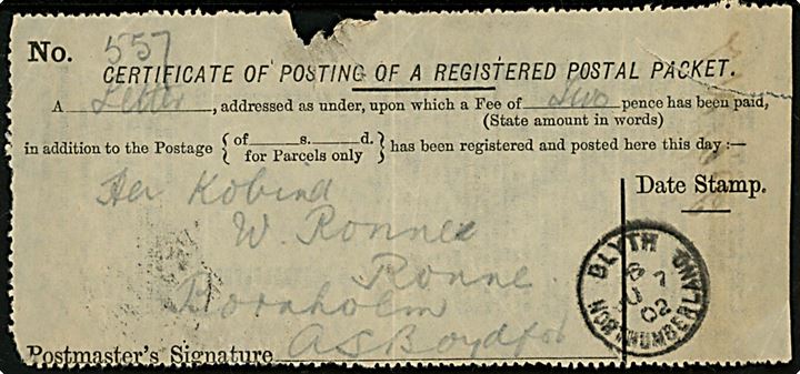 Engelsk kvittering for afsendelse af anbefalet pakke fra Blyth d. 7.7.1902 til Rønne på Bornholm. Slidt.