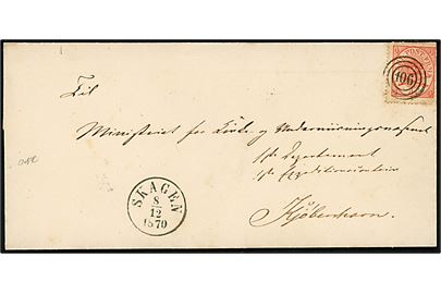 4 sk. Krone/Scepter (slidt i takker) på brev annulleret med nr.stempel 106 og sidestemplet antiqua Skagen d. 8.12.1870 via Frederikshavn til Kjøbenhavn.
