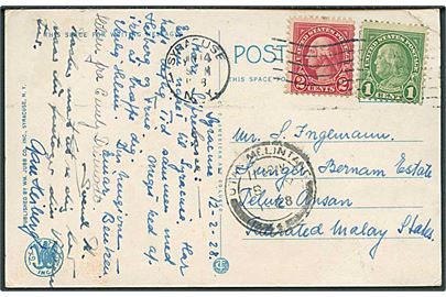 3 cents frankeret brevkort fra Syracuse d. 14.6.1928 til Utan Melintang, Malaya.