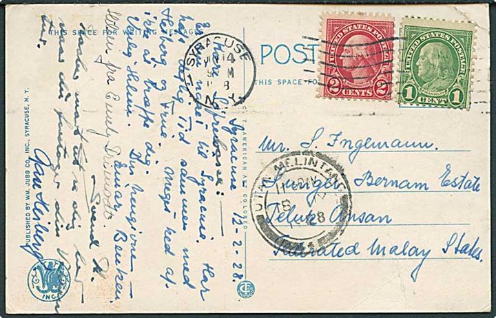 3 cents frankeret brevkort fra Syracuse d. 14.6.1928 til Utan Melintang, Malaya.