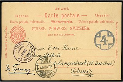 10 c. svardel af dobbelt helsagsbrevkort anvendt i Rusland med nr.stempel 4 og sidestemplet St. Petersborg d. 20.7.1897 til Langenbruck, Schweiz.