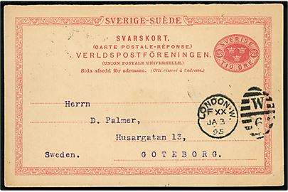 10 öre Tre Kroner svardel af dobbelt helsagsbrevkort annulleret med britisk duplex-stempel London W / W6 d. 3.1.1895 til Göteborg, Sverige.