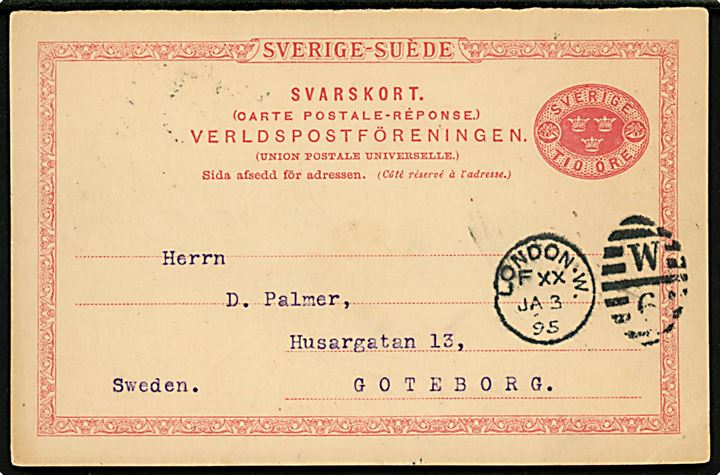 10 öre Tre Kroner svardel af dobbelt helsagsbrevkort annulleret med britisk duplex-stempel London W / W6 d. 3.1.1895 til Göteborg, Sverige.