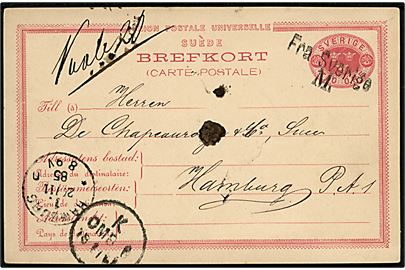 10 öre Tre Korner helsagsbrevkort fra Malmö annulleret med dansk skibsstempel Fra Sverige M. og sidestemplet5 K.OMB. 6 d. 19.11.1885 til Hamburg, Tyskland.