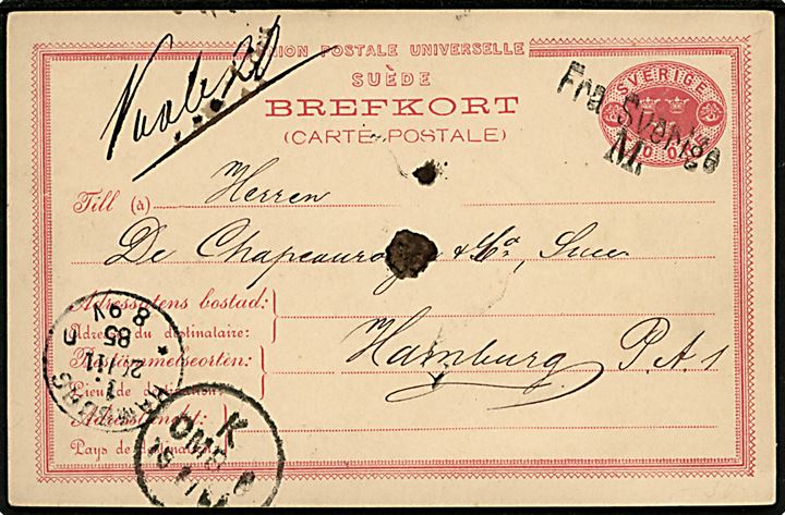 10 öre Tre Korner helsagsbrevkort fra Malmö annulleret med dansk skibsstempel Fra Sverige M. og sidestemplet5 K.OMB. 6 d. 19.11.1885 til Hamburg, Tyskland.