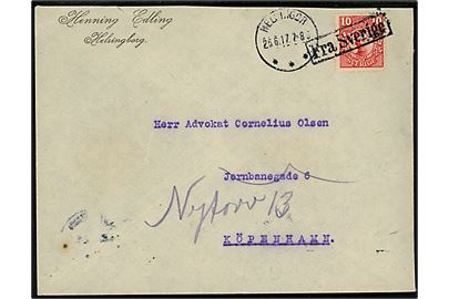 10 öre Gustaf på brev fra Helsingborg annulleret med dansk skibsstempel Fra Sverige og sidestemplet Helsingør d. 26.6.1917 til København, Danmark.