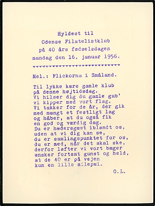 10 øre 1000 års udg. med privat tiltryk Odense Filatelistklub 1916 - 1956 på uadresseret brevkort med sang stemplet Odense 1 d. 16.1.1956.