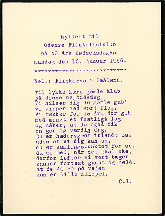 15 øre 1000 års udg. med privat tiltryk Odense Filatelistklub 1916 - 1956 på uadresseret brevkort med sang stemplet Odense 1 d. 16.1.1956.