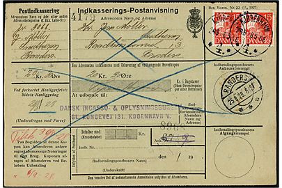 15 øre Karavel i parstykke på retur Indkasserings-Postanvisning fra Kjøbenhavn *4.* d. 24.8.1928 til Randers.