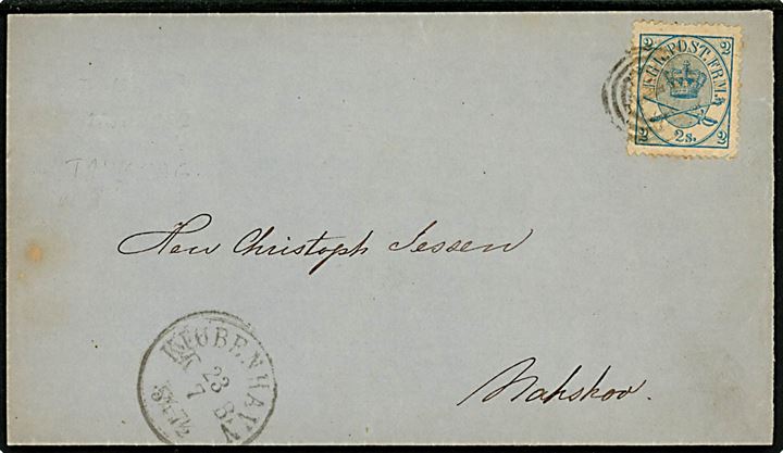 2 sk. Krone/Scepter single på markedsberetning sendt som tryksag annulleret med nr.stempel 1 og sidestemplet antiqua Kiøbenhavn d. 23.7.1867 til Nakskov.