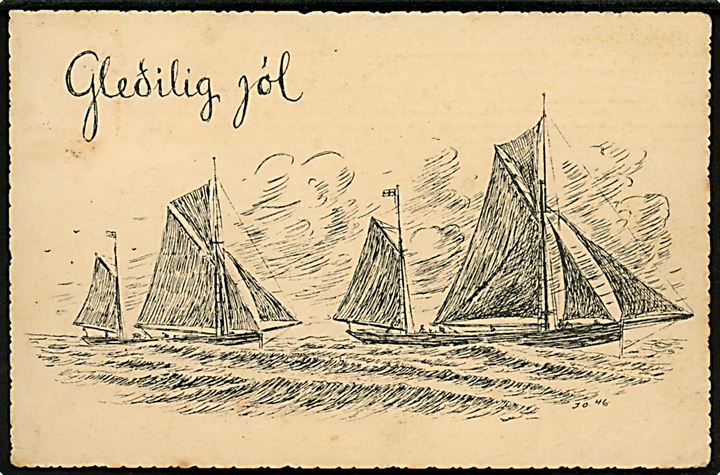15 øre Chr. X på julekort (Færøske fiskefartøjer signeret O.J. 46) annulleret med udslebet stjernestempel VESTMANHAVN til Bogense, Danmark. 