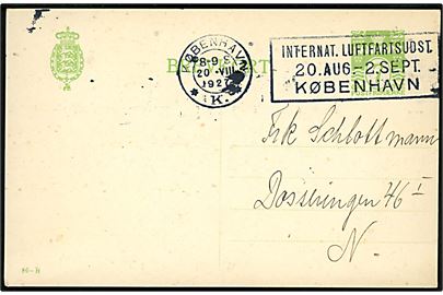 7 øre helsagsbrevkort (fabr. 86-H) sendt lokalt med TMS København *K.* / Internat. Luftfartsudst. 20. Aug.-2. sept. København d. 20.8.1927.