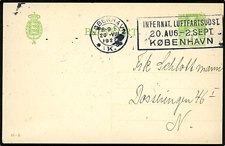 7 øre helsagsbrevkort (fabr. 86-H) sendt lokalt med TMS København *K.* / Internat. Luftfartsudst. 20. Aug.-2. sept. København d. 20.8.1927.