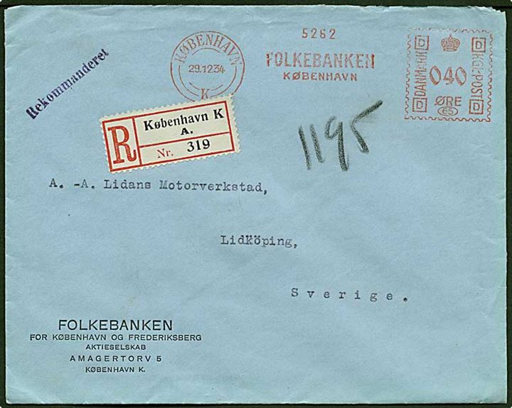 Rec. brev fra Folkebanken i København d. 29.1.1934 til Lidköping. Laksegl på bagsiden.