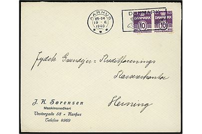 10 øre Bølgelinie i parstykke på brev annulleret med Aarhus posthusfranko stempel uden valør d. 19.10.1940 til Herning. 