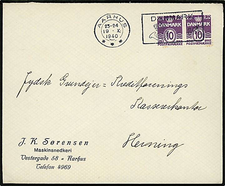 10 øre Bølgelinie i parstykke på brev annulleret med Aarhus posthusfranko stempel uden valør d. 19.10.1940 til Herning. 
